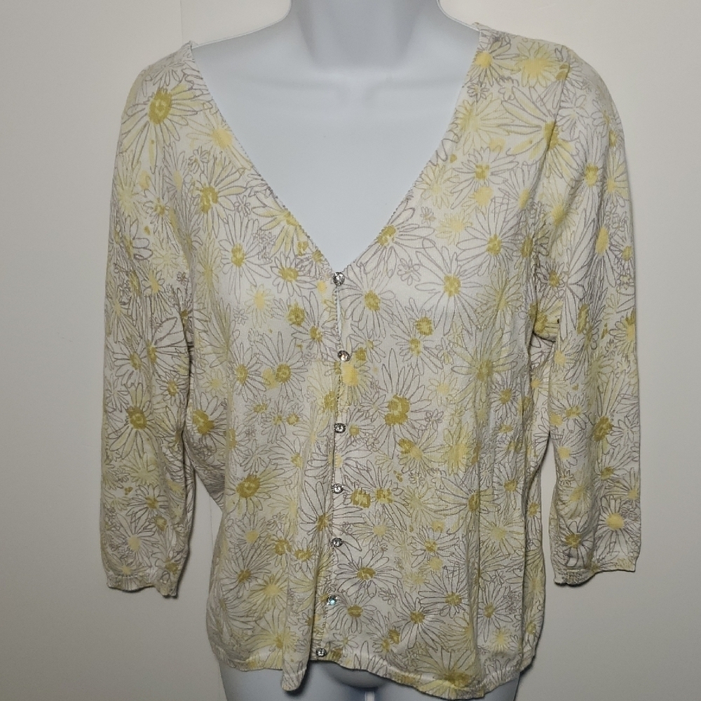 Valerie Stevens Cardigan Sweater Sz M Gray Yellow Rhinestone Button 3/4Sleeve
